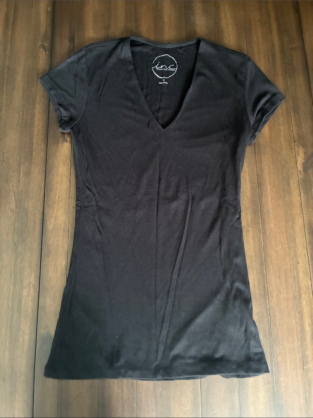 INC International Concepts Black V-Neck Ribbed Short Sleeve Top